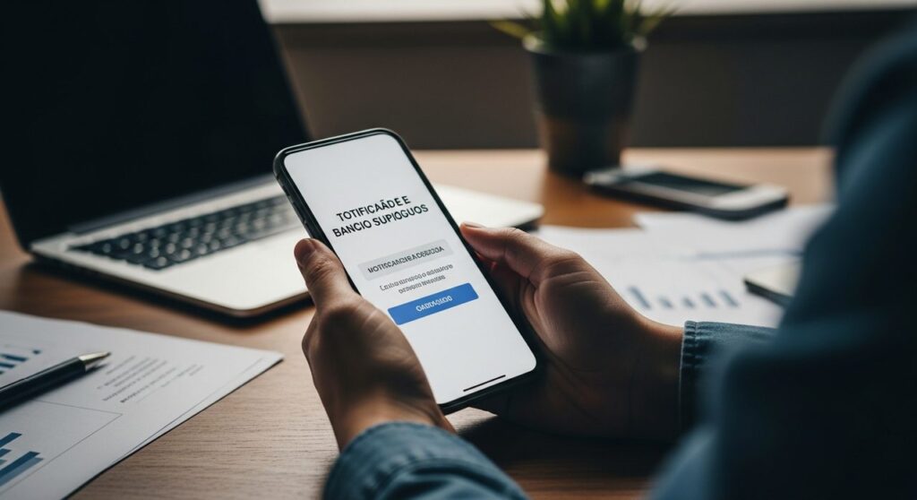 vítima de estelionato analisando transferência suspeita no celular