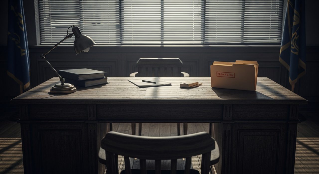 mesa de escritório público com documentos e pasta oficial sobre peculato servidor