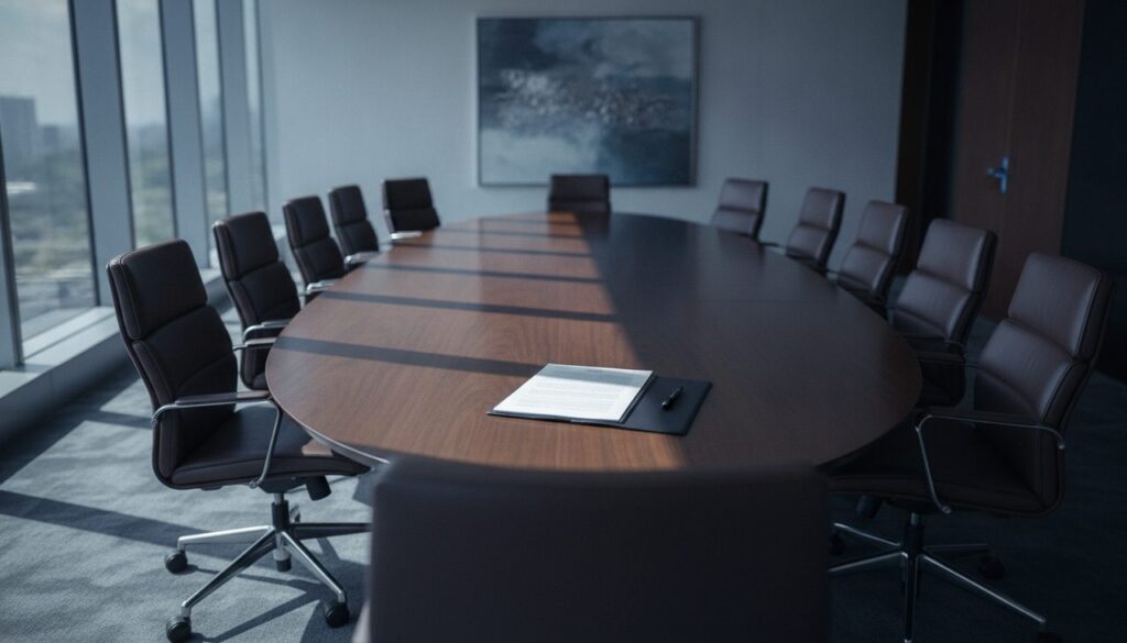 Sala de reunião empresarial vazia representando responsabilidade penal da pessoa jurídica