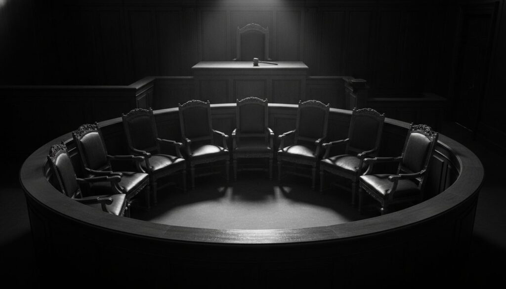 Sala vazia do tribunal do júri com cadeiras dos jurados em destaque dramático