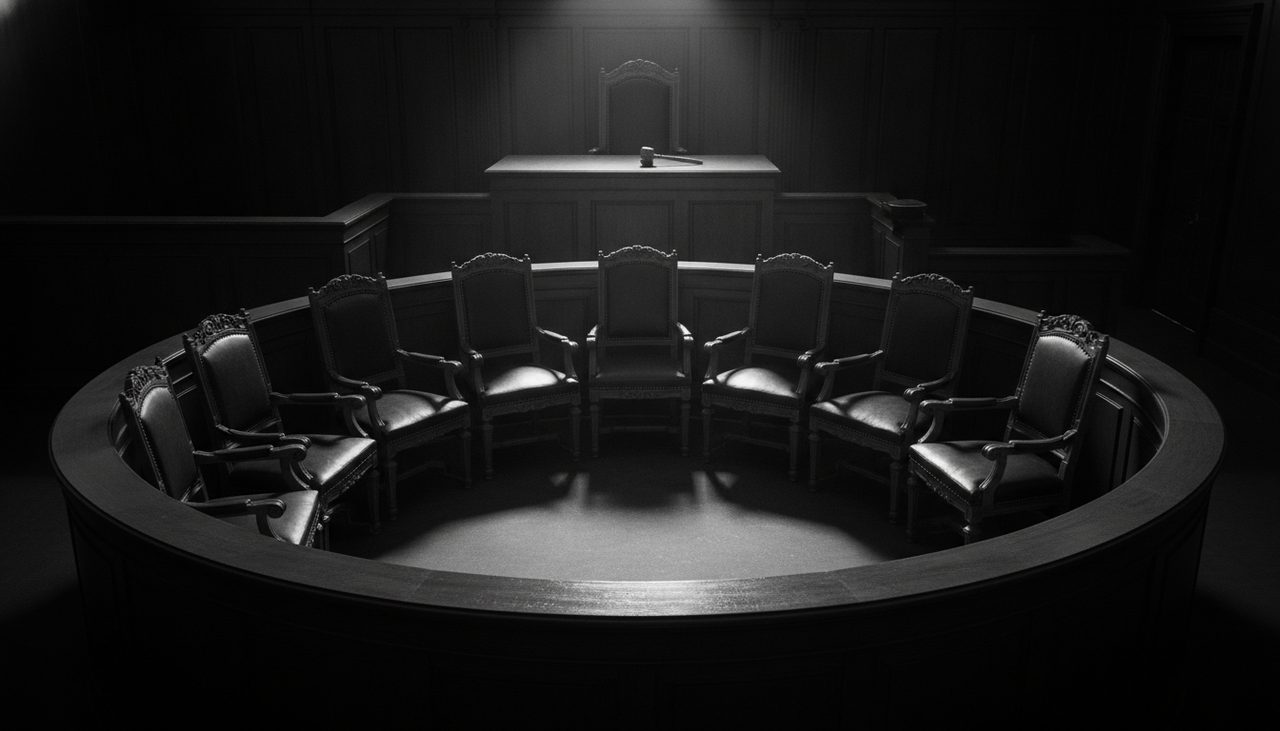 Sala vazia do tribunal do júri com cadeiras dos jurados em destaque dramático