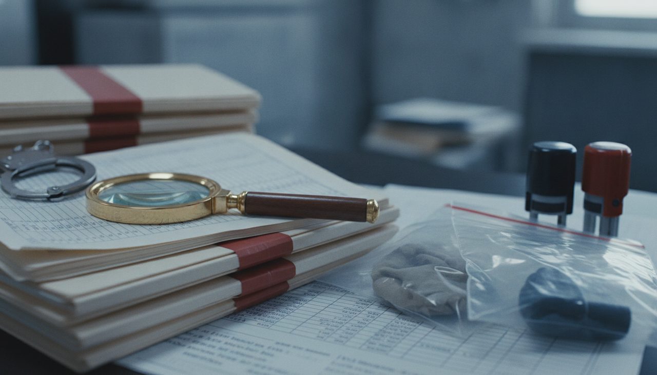 Mesa de investigação com documentos financeiros e evidências de crime econômico empresarial