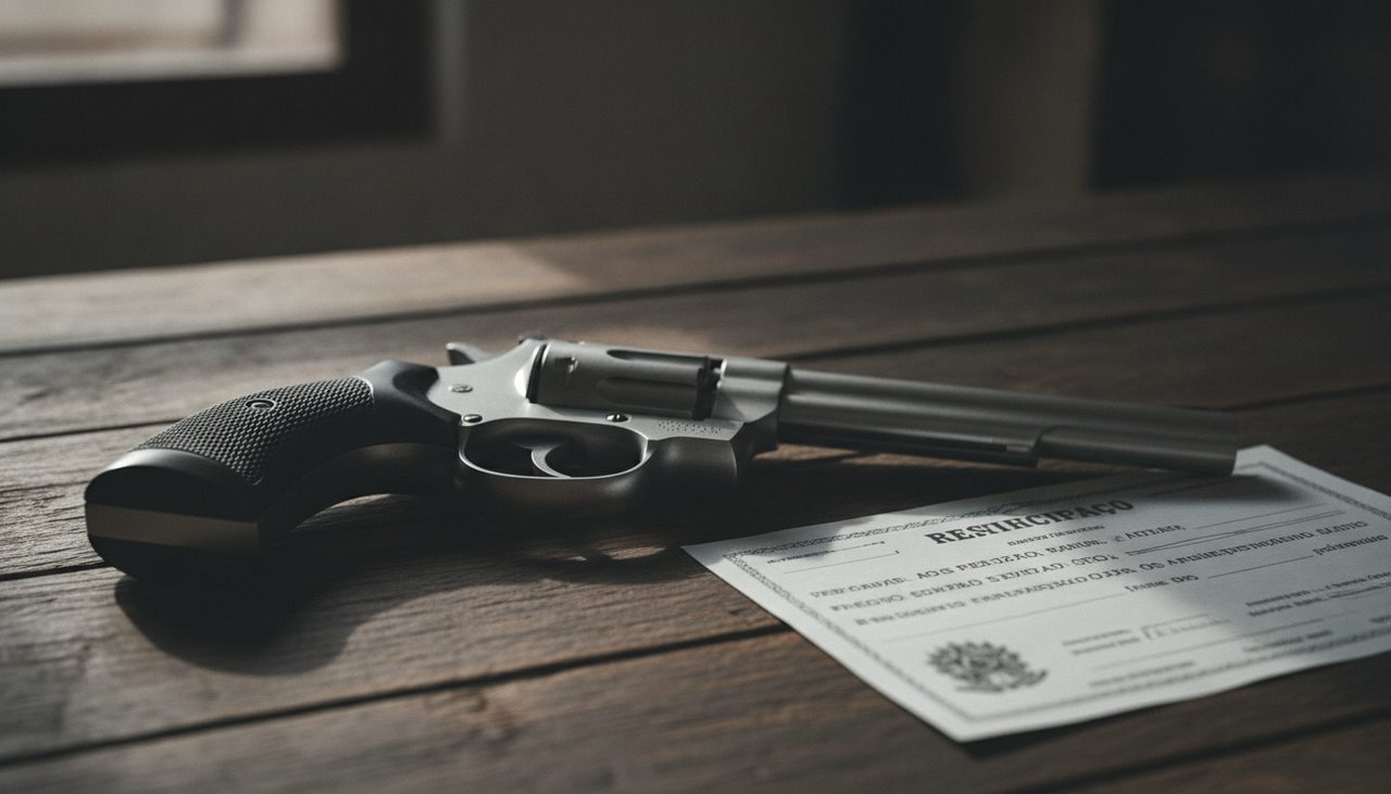 Revólver sobre documento de registro ilustrando diferença entre porte e posse de arma de fogo