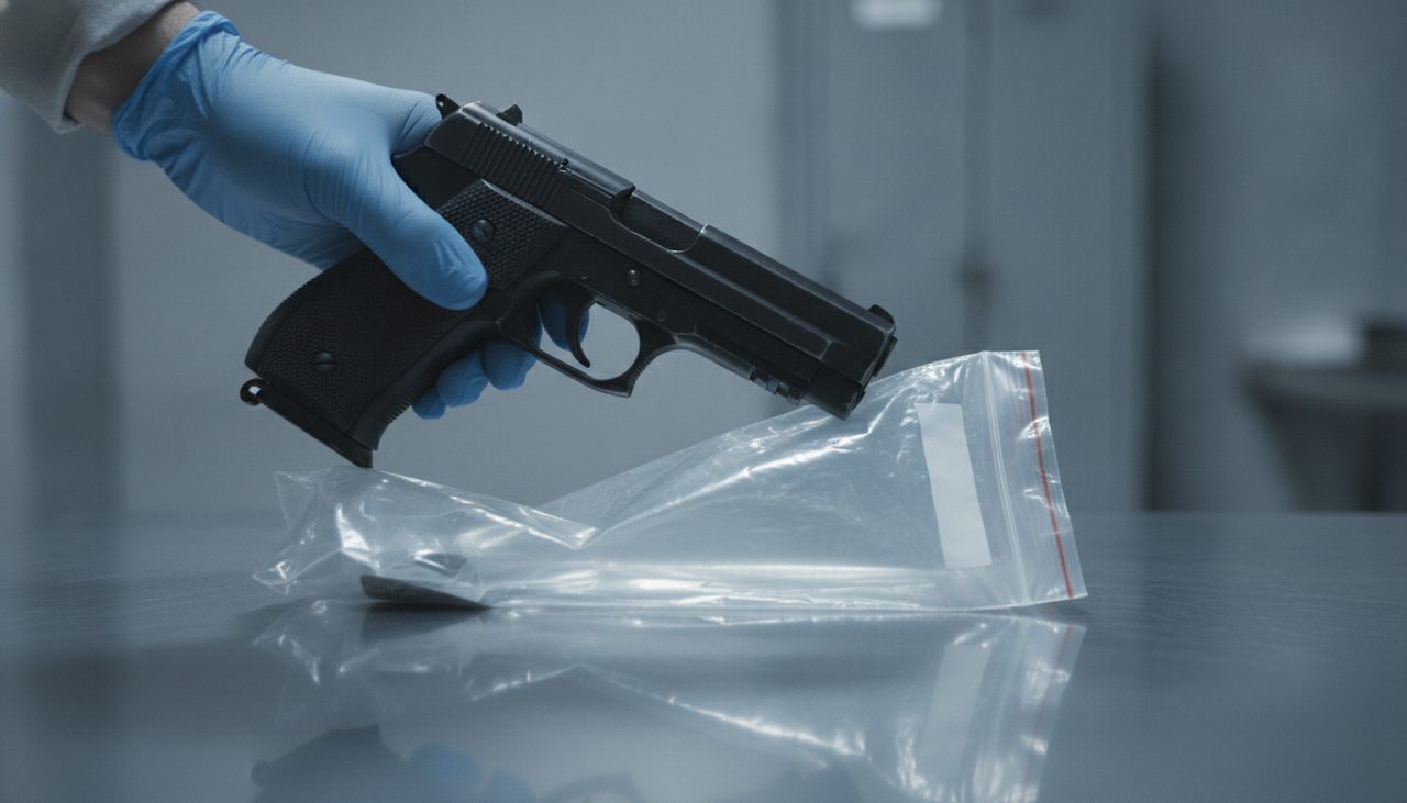Arma apreendida em evidência ilustrando crime de porte ilegal de arma de fogo