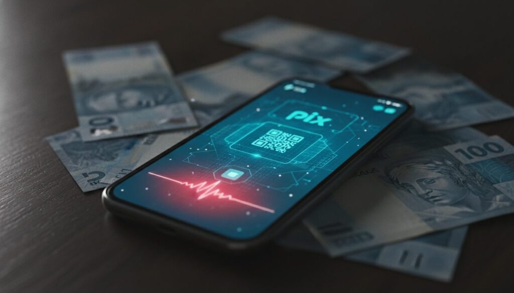 Smartphone com tela de PIX e dinheiro ao fundo representando golpe do PIX banco obrigado a devolver