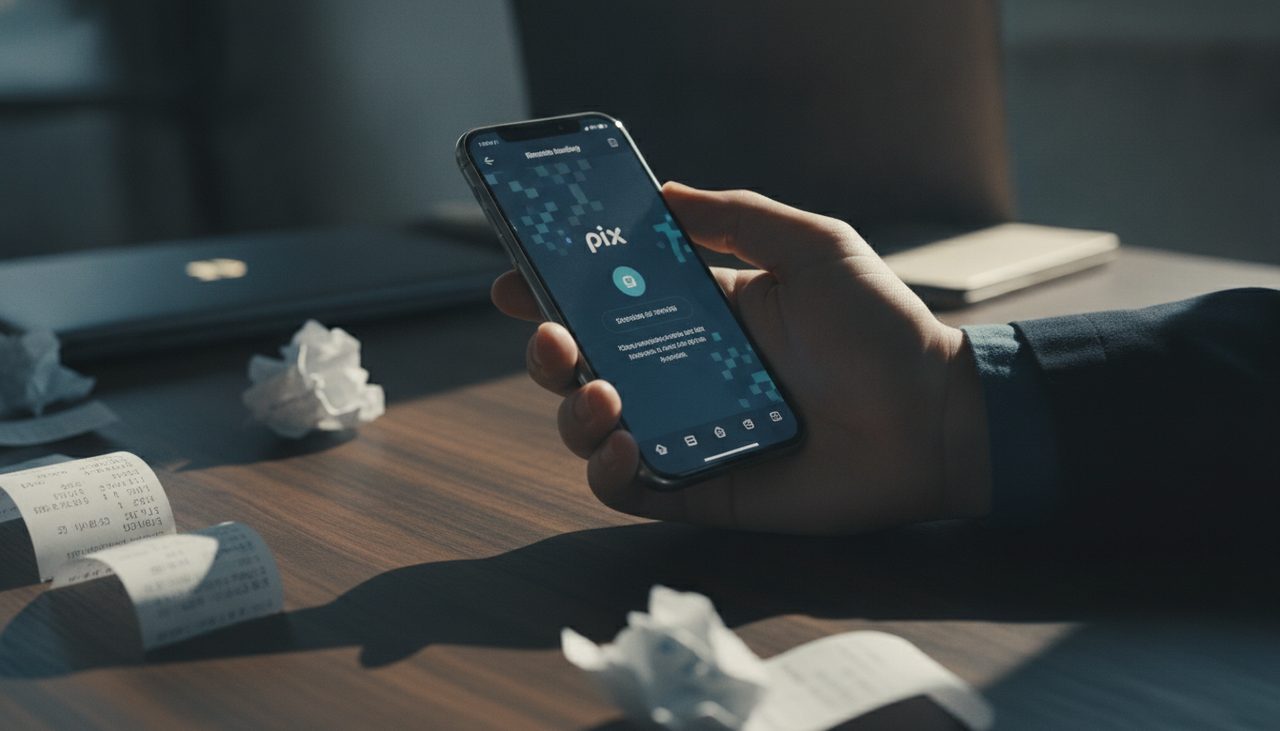 Mão segurando celular com transferência PIX — golpe do pix como recuperar dinheiro