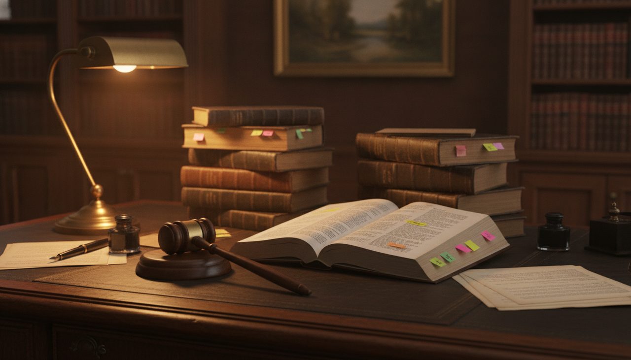 Mesa de escritório jurídico com Código Penal aberto ilustrando pena restritiva de direitos