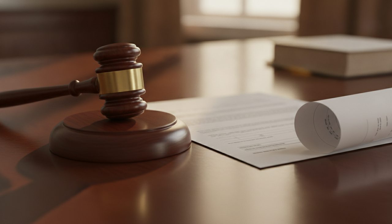 Martelo de juiz e extrato bancário representando prova do crime de rachadinha no tribunal