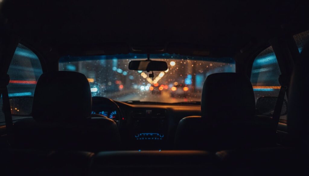 Interior de carro noturno representando sequestro relâmpago restrição de liberdade pena