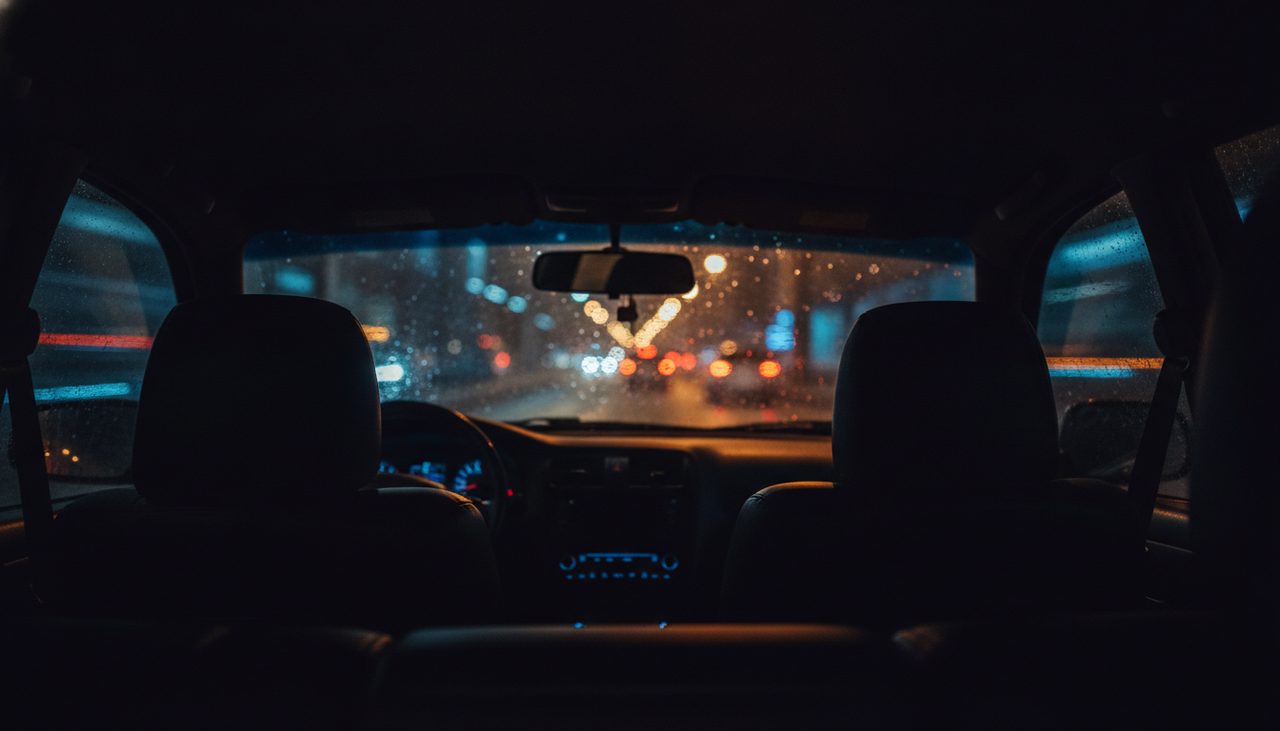 Interior de carro noturno representando sequestro relâmpago restrição de liberdade pena