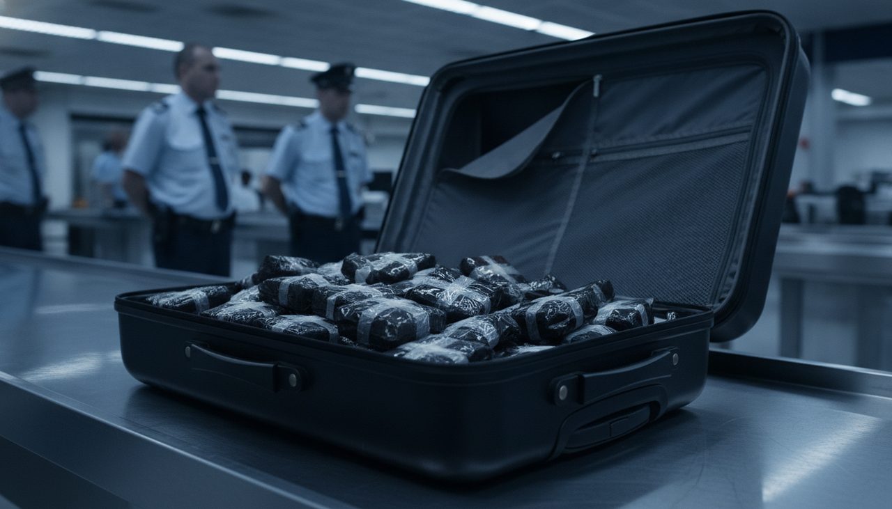 Mala aberta em inspeção aduaneira em aeroporto, tráfico internacional de drogas pena