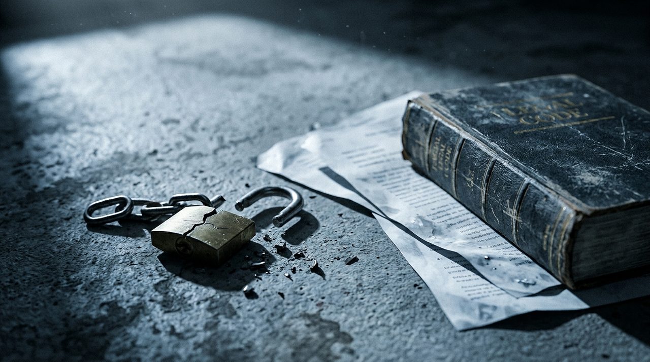 Cadeado arrombado sobre documentos representando crime de furto qualificado e roubo no Código Penal