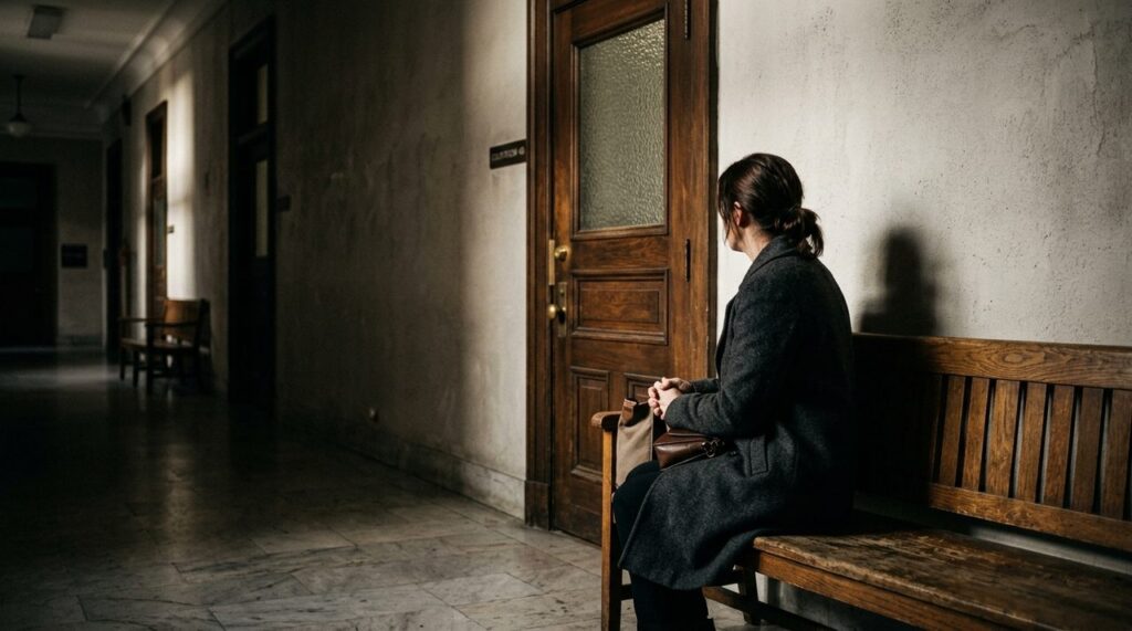 Mulher aguardando audiência em corredor de tribunal sobre crime de feminicídio