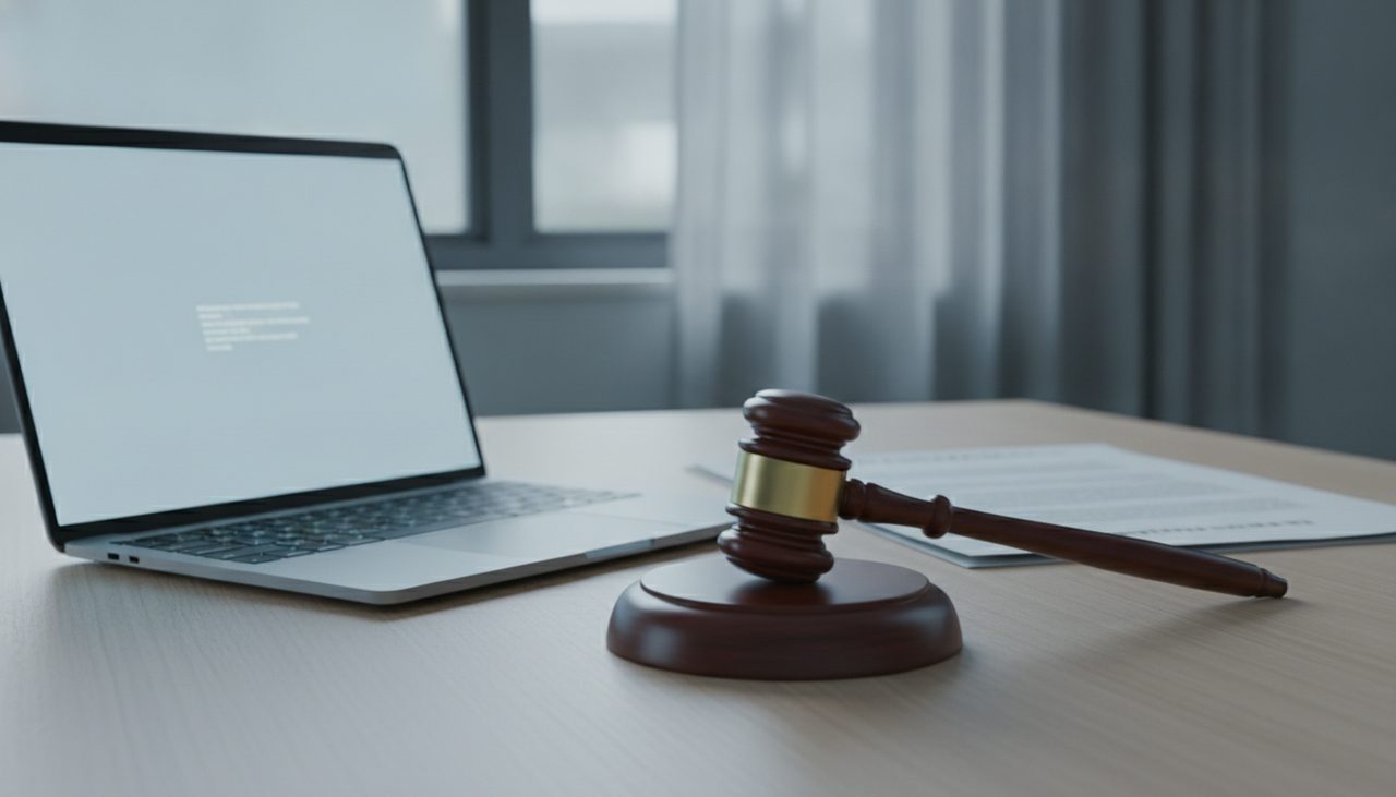 medida protetiva contra stalker online — martelo judicial e computador em ambiente forense