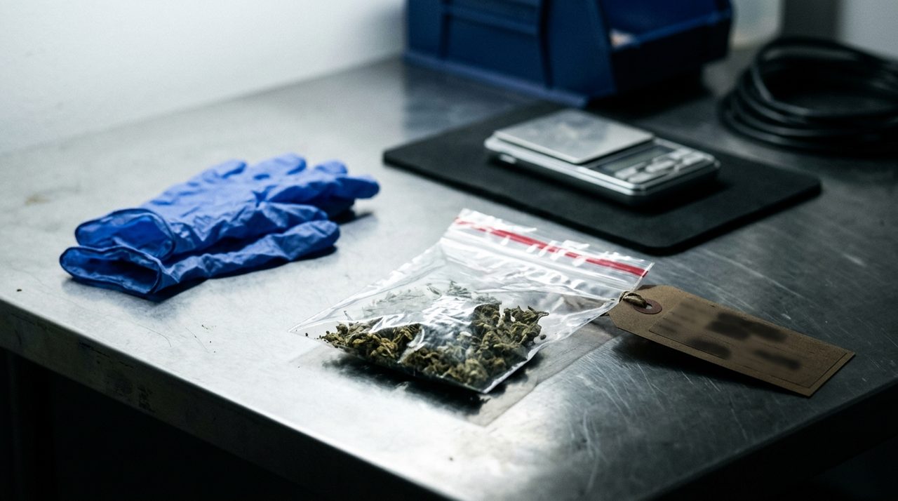 evidência policial em mesa representando critérios para porte e tráfico de drogas