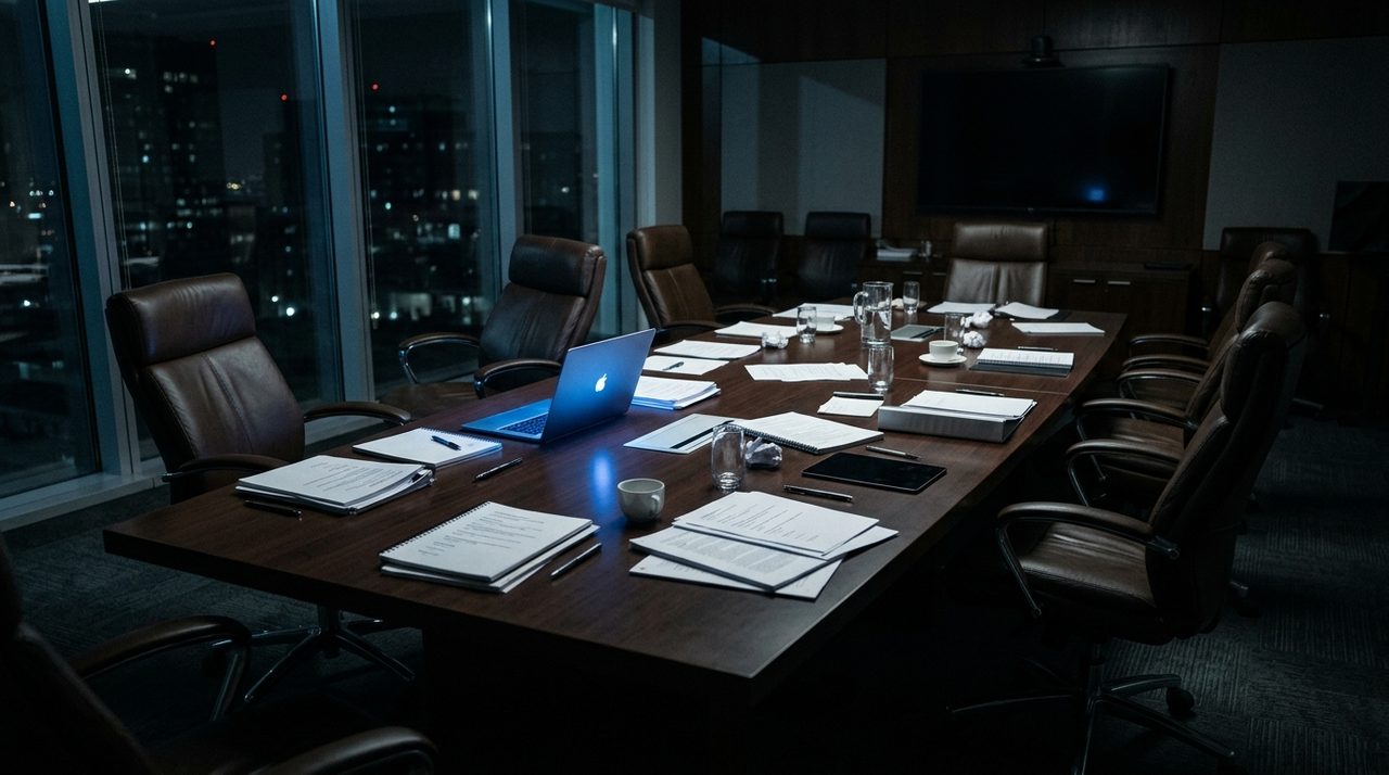 Sala de reunião corporativa vazia representando investigação de cartel por empresa