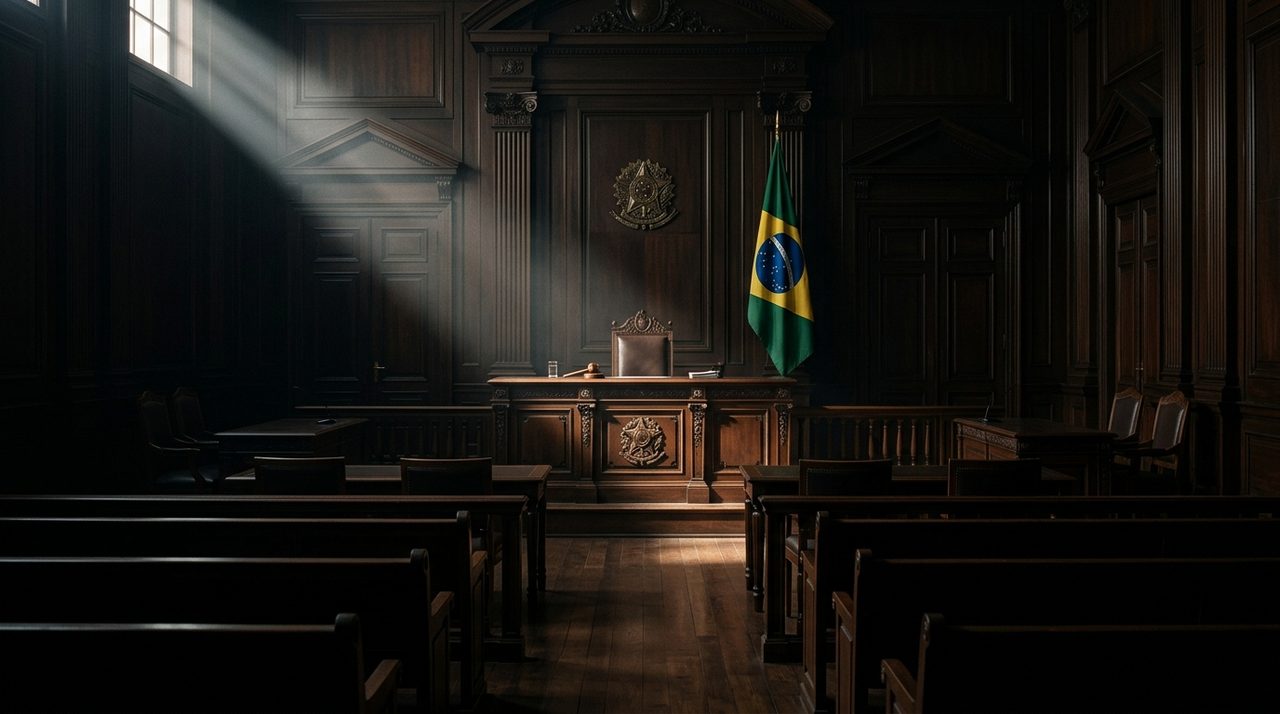 Interior de tribunal vazio evocando julgamento de corrupção passiva e pena do servidor público