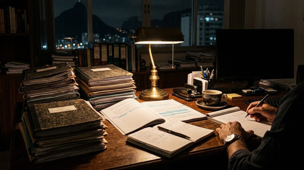 Mesa de advogado criminalista com dossiê de caso de tráfico de drogas