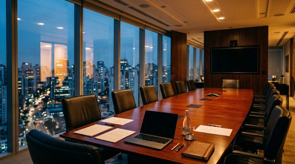 sala de conselho corporativo vazia representando investigação de insider trading crime Brasil