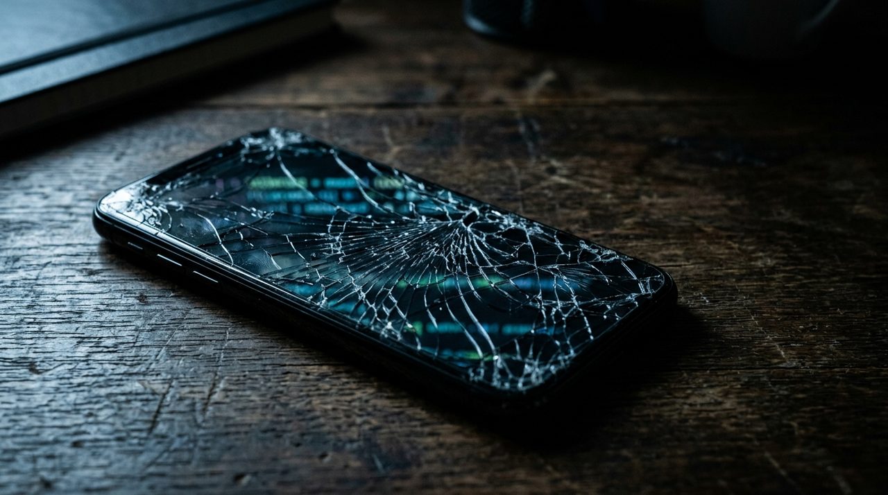 Celular invadido sobre mesa escura representando invasão de dispositivo eletrônico pena