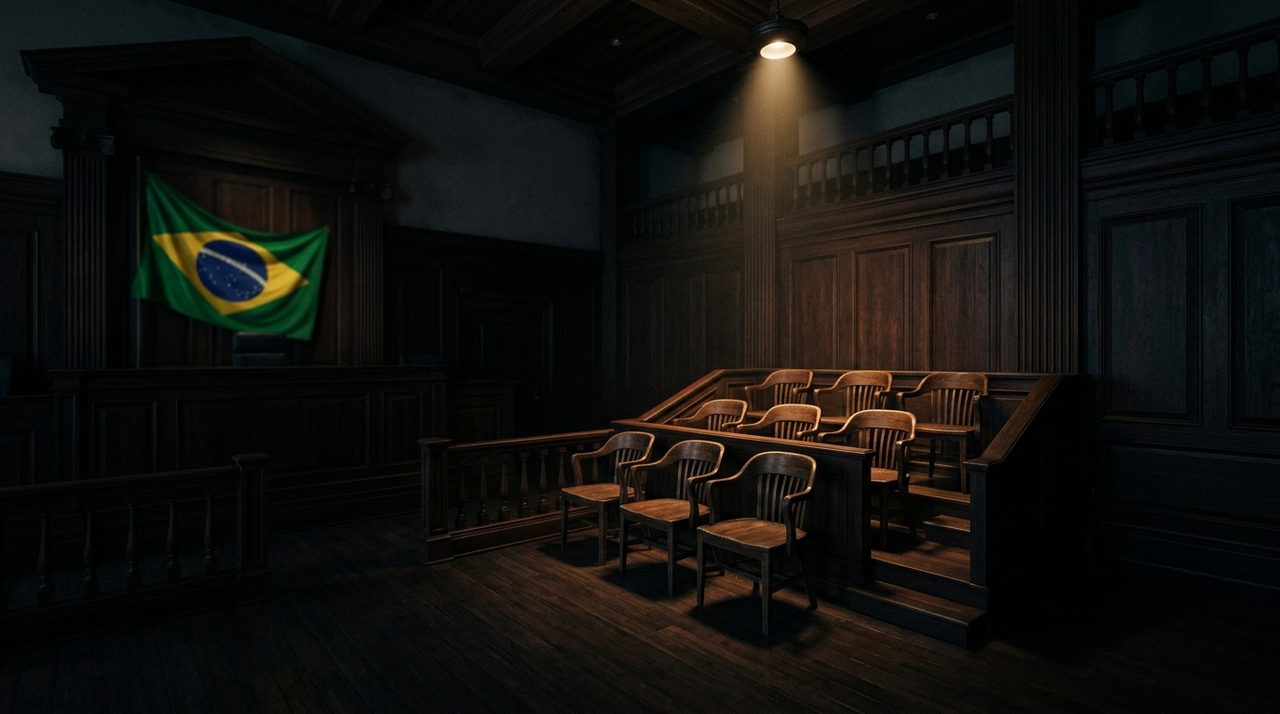 Sala do Tribunal do Júri vazia evocando julgamento por legítima defesa