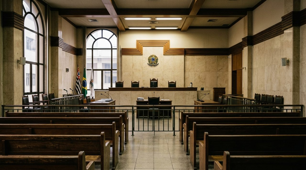 sala de audiência criminal onde juiz decide tornozeleira eletrônica monitoramento eletrônico penal