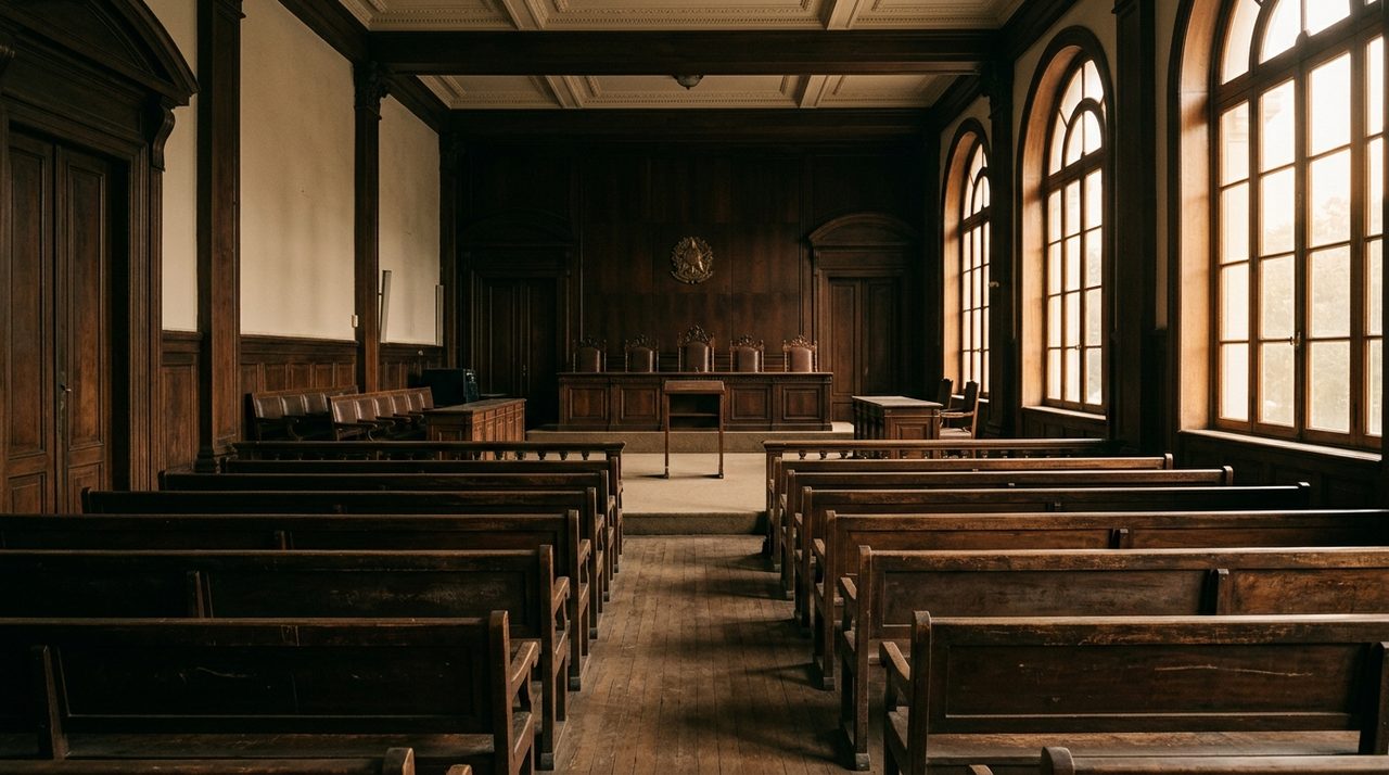 Sala de audiência vazia representando o processo penal e o acordo ANPP
