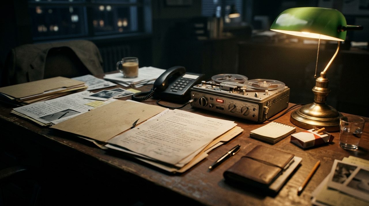 Mesa de investigação policial com documentos de caso de extorsão mediante sequestro