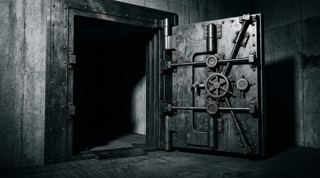 Porta de cofre bancário representando responsabilidade penal diretor banco fraude