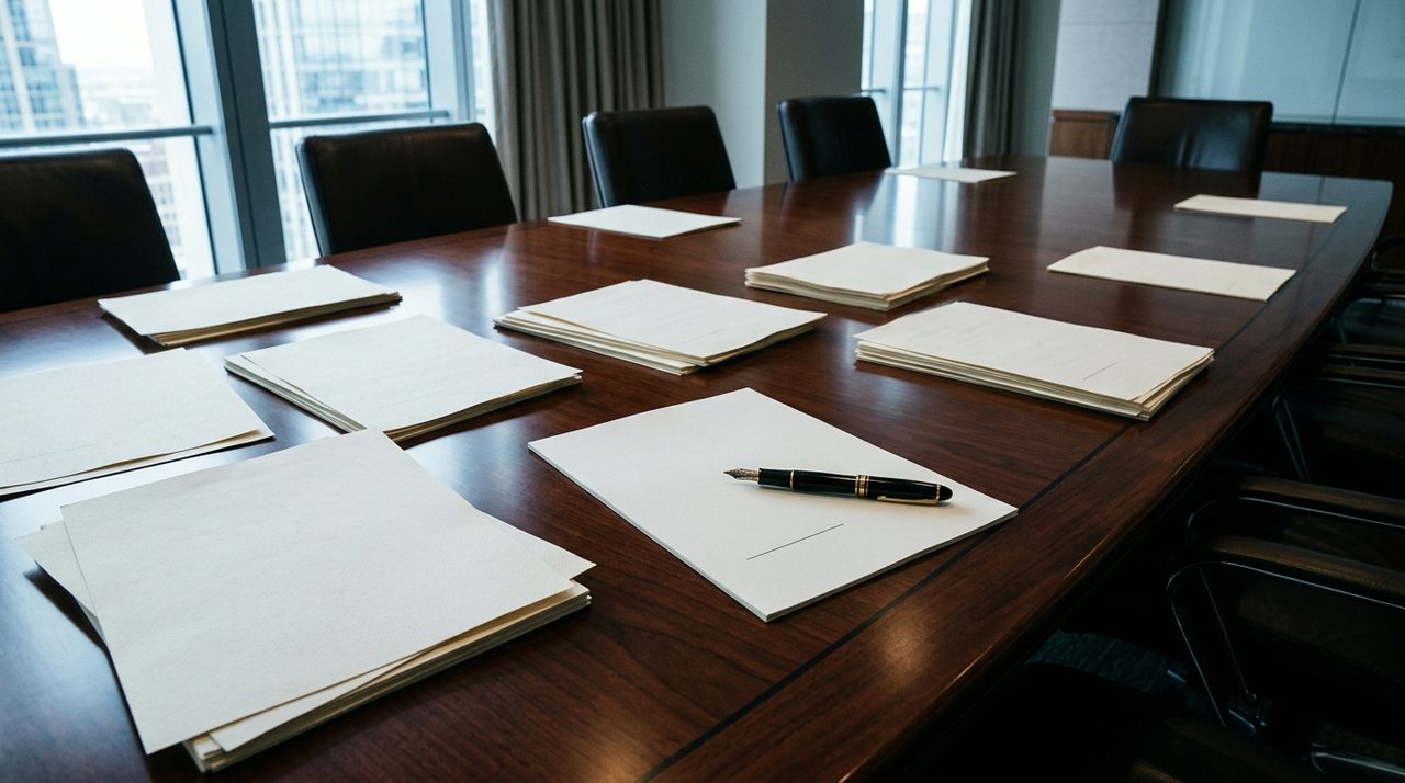 Mesa de reunião de diretoria simbolizando responsabilidade penal do administrador de banco
