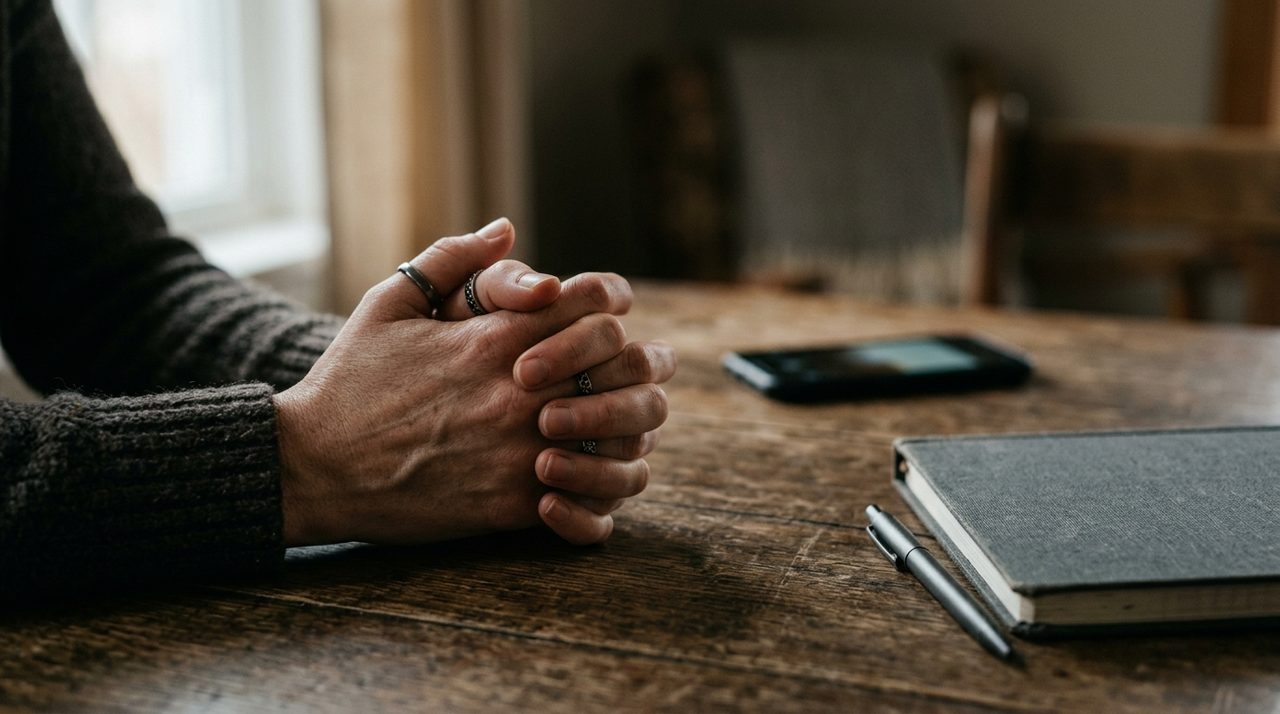 Mãos femininas sobre mesa simbolizando violência psicológica doméstica invisível